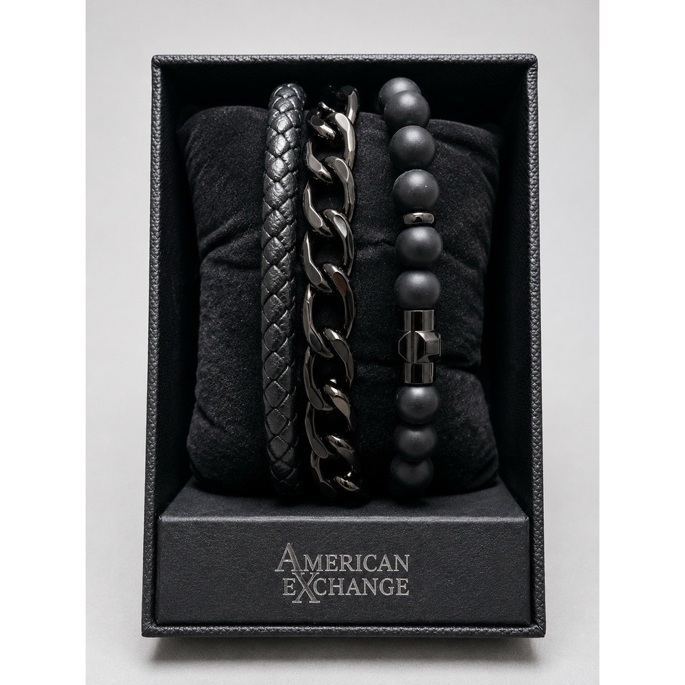 E0070-American Exchange Men's 3 Piece Bracelet Set Black Braided Beaded New